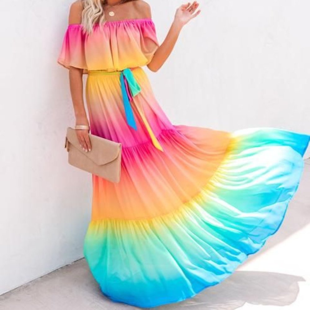‼️Closet clear out‼️ VICI Dress - Rainbow Off the Shoulder Maxi Dress - SMALL